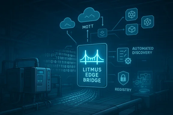 Futuristic data center graphic showing “Litmus Edge Bridge” and automated discovery via registry.