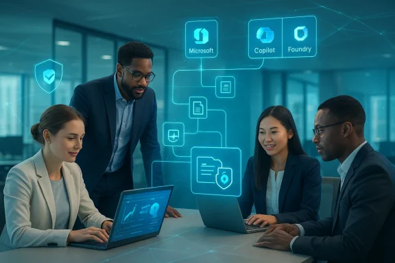 Business team collaborates in an office with glowing Microsoft AI icons and network-style diagrams in the background.