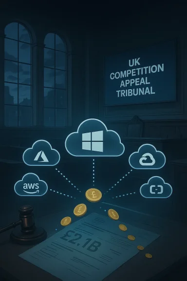 Blue courthouse scene with “UK Competition Appeal Tribunal” sign and cloud icons linking AWS services to coins.