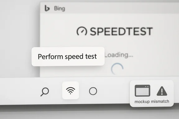 Illustration of a “Speedtest” interface with a “Perform speed test” button and a loading spinner.