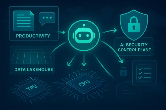Neon tech diagram showing an AI linking productivity, data, and an AI security control plane.