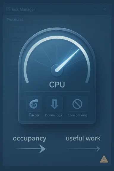 Blue CPU performance dashboard with a speedometer gauge and task-management controls like Turbo and Downclock.