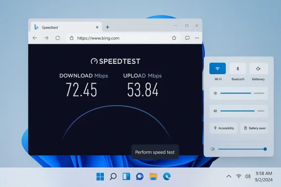 A Windows Speedtest webpage shows download 72.45 Mbps and upload 53.84 Mbps.