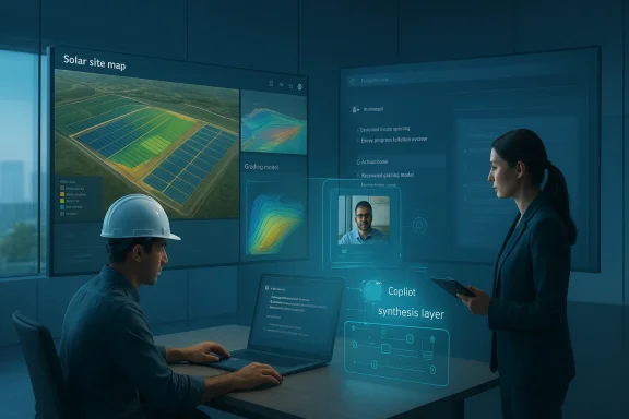 Two colleagues in hard hats review a solar farm dashboard on large screens with an AI “synthesis layer” display.