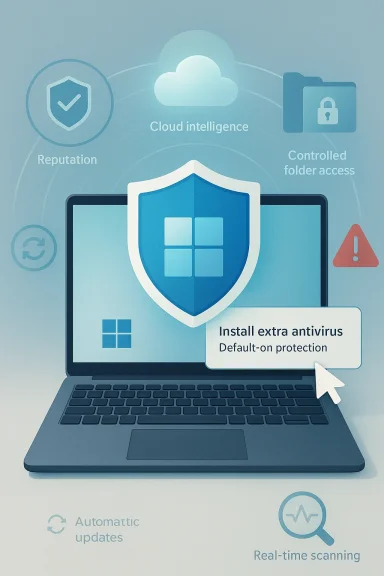 Cloud-based cybersecurity illustration with a shield over a laptop and antivirus protection prompts.