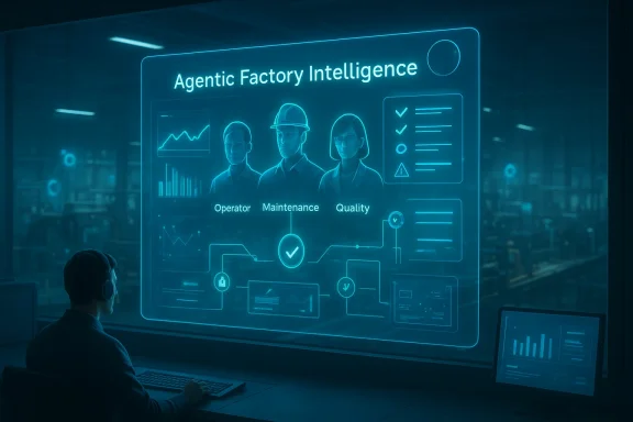 A worker studies a glowing “Agentic Factory Intelligence” holographic dashboard in a futuristic control room.