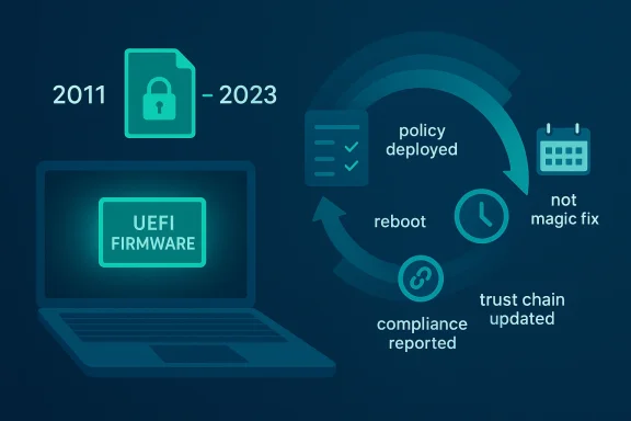 Illustration shows UEFI firmware updates from 2011–2023 with policy deployment and trust-chain compliance.