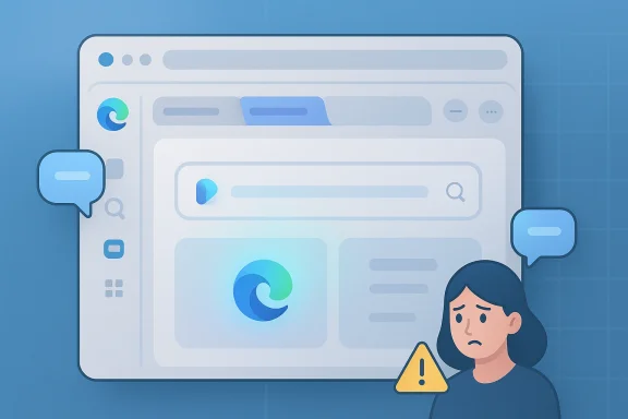 Illustration of a web browser with Chrome icon, chat bubbles, and a worried user in front of a warning sign.