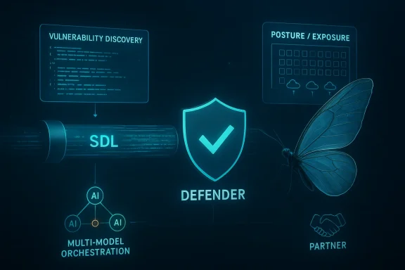 Cybersecurity concept showing a central shield labeled “DEFENDER” with AI, SDL, vulnerability, and partner modules.