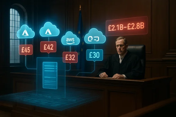 Judge in a courtroom with glowing cloud and price icons (£45, £42, £32, £30, £2.1B-£2.8B) floating behind.