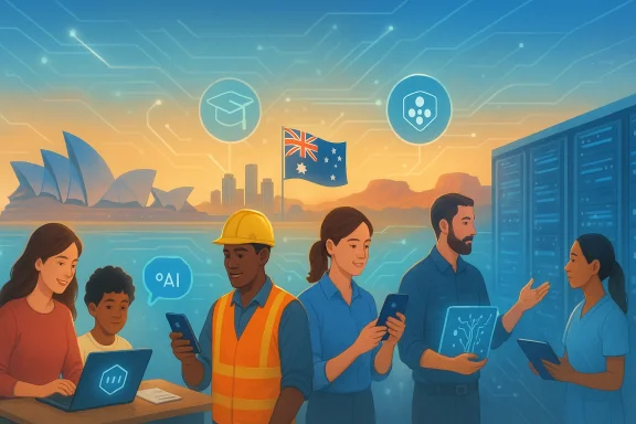 Illustration of a diverse group collaborating with tech devices, AI icon, and Australian flag backdrop.