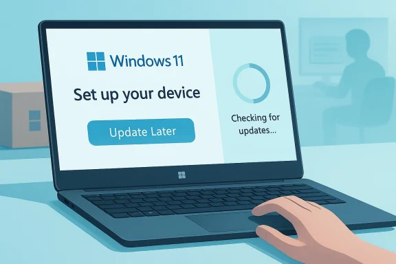 Hand pressing a laptop showing Windows 11 setup with “Update Later” and checking for updates.