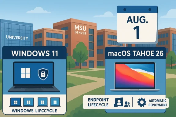 Illustration of campus buildings showing Windows 11 and macOS Tahoe 26 release dates: Aug 1 and Aug 1.