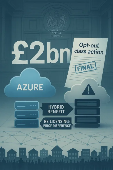 Futuristic legal-themed graphic showing “$2bn,” “Opt-out class action,” and “final” court tribunal backdrop.