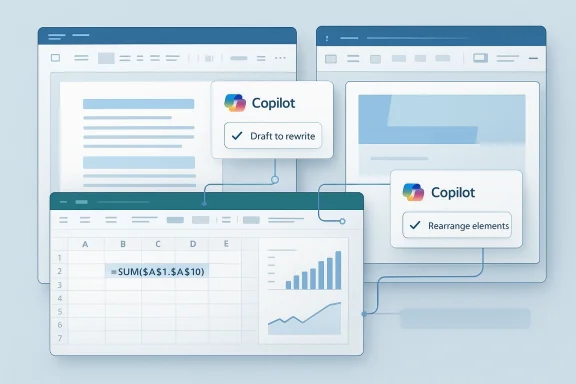 Illustration of Microsoft Copilot helping manage and edit content across multiple computer screens.