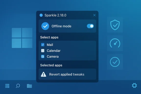 Windows “Sparkle 2.18.0” app showing Offline mode settings with selected Mail, Calendar, and Camera.