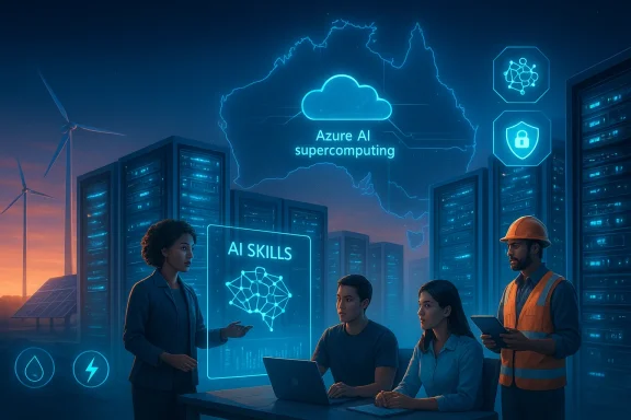 Engineers in a data center discuss “AI Skills” with cloud and circuit overlays beside glowing server racks.