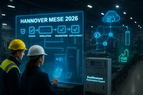 Engineers in hard hats view a holographic screen showing “Hannover Messe 2026” and automation workflow.