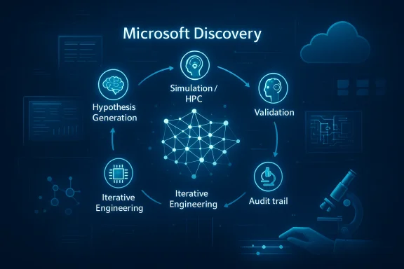 Diagram titled “Microsoft Discovery” showing hypothesis generation, simulation/HPC, validation, and iterative engineering.