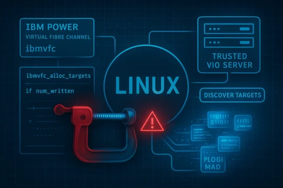 Linux-themed cybersecurity graphic with IBM Power virtual fibre channel, server blocks, and a warning icon.