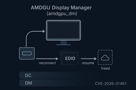 Diagram titled “AMDGPU Display Manager (amdgpu_dm)” showing reconnect, EDID, and freed data flow.