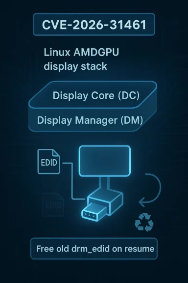 Security advisory infographic for CVE-2026-31461 about Linux AMDGPU display stack (DC/DM) and EDID resume issue.