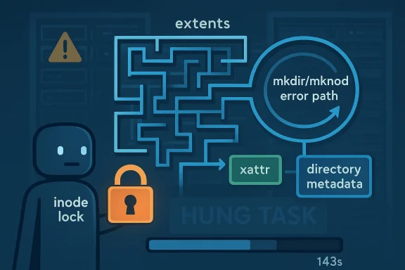 Debug-style graphic showing a filesystem maze with “error path”, “inode lock”, and directory metadata.