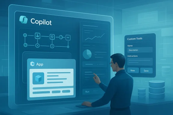 A person works at a computer interface showing Microsoft Copilot dashboards and custom tools.