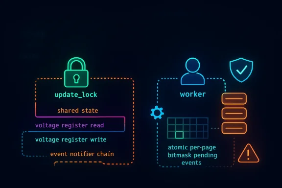 Neon diagram showing a locked shared state process with worker blocks, atomic bitmasks, and event notifier chain.