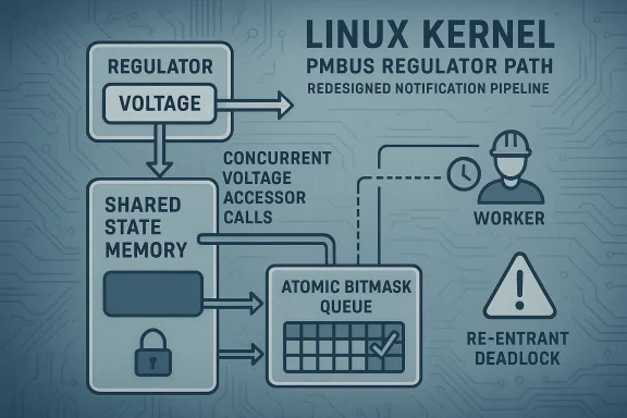 Linux kernel diagram showing PMBUS regulator path, voltage, shared memory, and atomic bitmask queue.