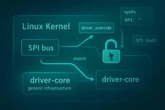 Diagram showing Linux kernel driver workflow: SPI bus connects to driver-core via match, guarded by a lock.