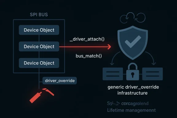 Diagram showing SPI bus device objects with driver_attach and bus_match leading to generic driver override infrastructure.