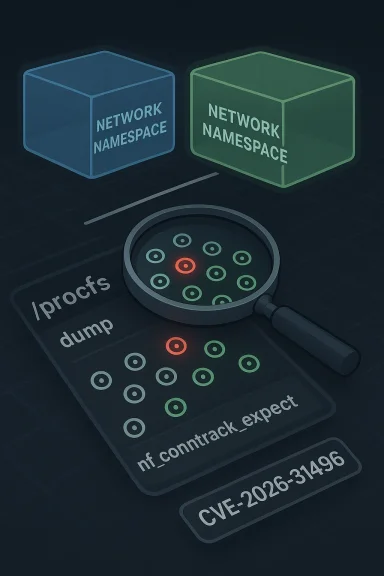 Stylized cyber-security graphic showing “NETWORK NAMESPACE” blocks, a magnifying glass, and bug icons.