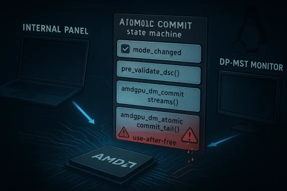 Glowing AMD GPU chip diagram with an internal atomic commit state machine and warning alerts on a circuit board.