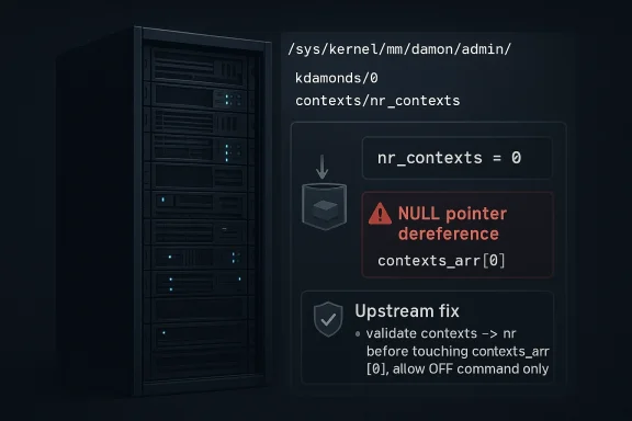Server rack and code overlay showing a NULL pointer dereference in contexts_arr[0] with an upstream fix.