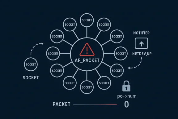 Network diagram showing multiple sockets linked to an AF_PACKET node with a warning icon and notifier/debug labels.
