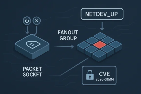 Diagram showing NETDEV_UP and FANOUT group forwarding, with packet socket and CVE 2026-31504.