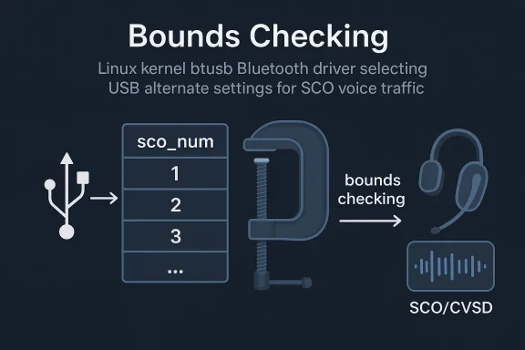 Diagram shows Linux Bluetooth driver “bounds checking” for SVC voice traffic with SCO/CVSD audio.
