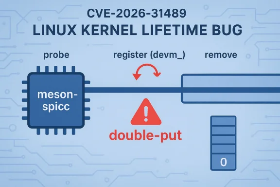 Illustration of a Linux kernel lifetime bug (CVE-2026-31489) causing double-put via meson-spiccc.