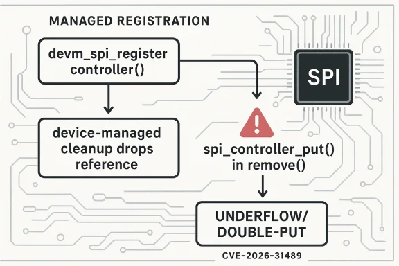 Diagram of managed SPI registration and cleanup leading to underflow/double-put vulnerability (CVE-2026-31489).