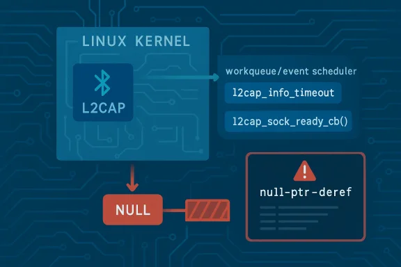 Diagram showing a Linux kernel L2CAP NULL pointer dereference error in the workqueue/event scheduler.