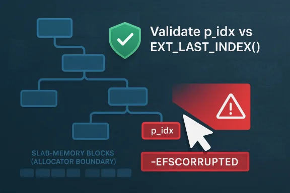Diagram showing “Validate p_idx vs EXT_LAST_INDEX()” with p_idx warning and an “-EFS CORRUPTED” error.