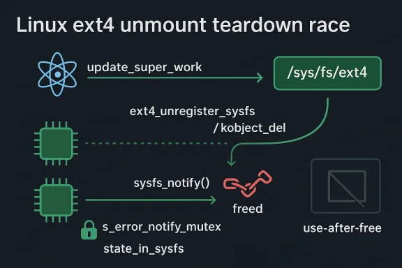 Diagram showing a Linux ext4 filesystem unmount teardown race with functions like sysfs_notify and use-after-free.