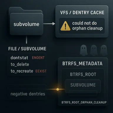 Diagram shows Btrfs subvolume and VFS/Dentry cache error “could not do orphan cleanup.”