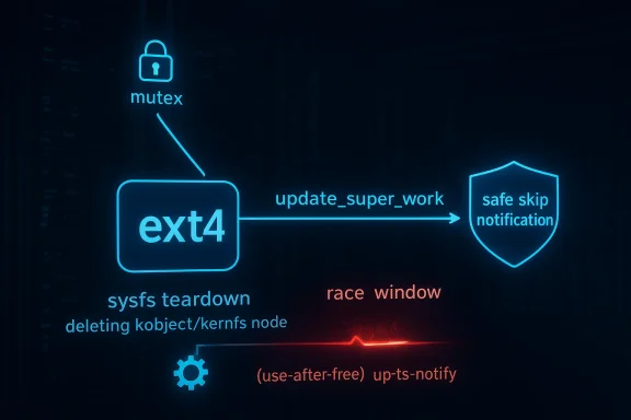 Diagram shows ext4 update path with mutex, safe skip notification, race window, and sysfs teardown.
