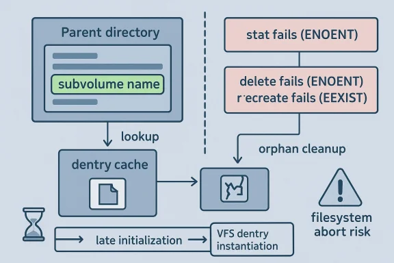 Diagram showing filesystem subvolume operations, dentry cache lookup, orphan cleanup, and late init risk.