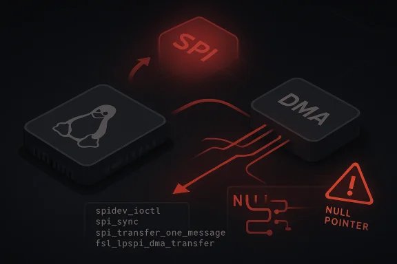 Futuristic SPI and DMA data-transfer icons with a red “NULL POINTER” warning.