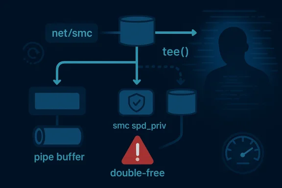 Diagram showing net/smc, tee(), pipe buffer, smc spd_priv, double-free warning, and server data flow.