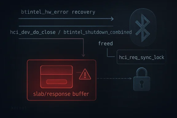 Diagram showing btintel hw error recovery: closing/shutdown, freeing buffer, reg sync lock, and a locked security icon.