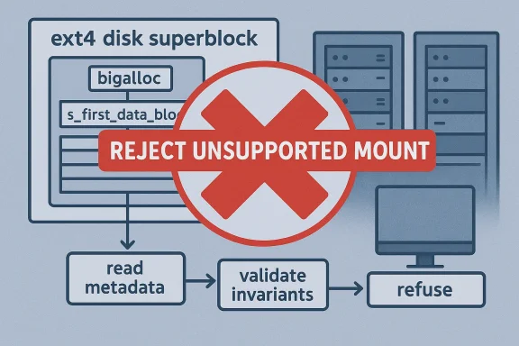Diagram of ext4 disk superblock rejecting an unsupported mount, showing “REJECT UNSUPPORTED MOUNT” over a file system layout.